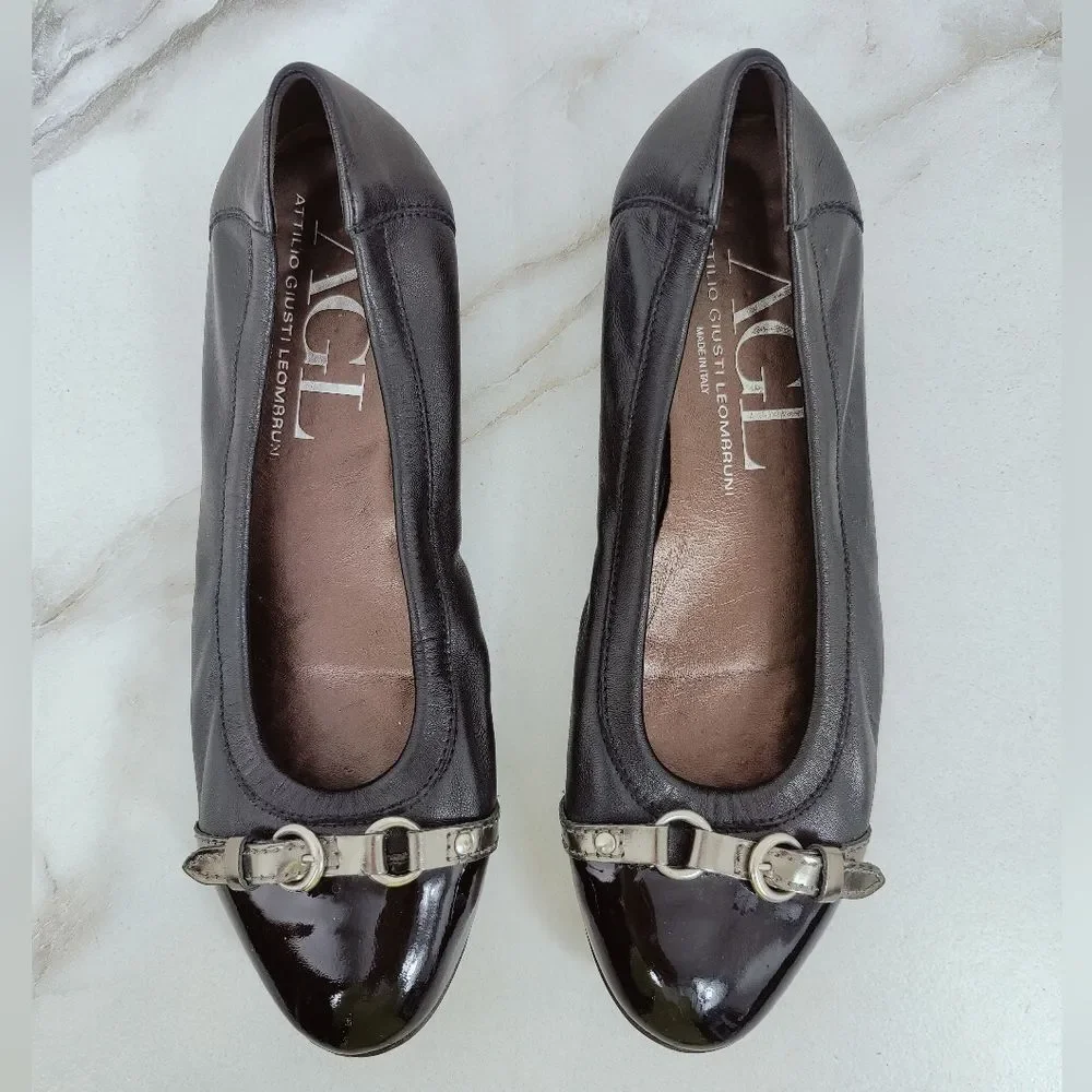 AGL Attilio Giusti Leombruni Black Patent Leather Cap Toe Ballet Flats, 9.5